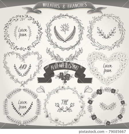 Vector illustration of a collection of floral ribbons and borders. A set of beautiful wreath with flowers and branches for wedding invitations and birthday cards Vector illustration of a collection of floral ribbons and borders. A set of beautiful wreath with flowers and branches for wedding invitations and birthday cards 79085667