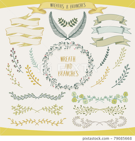 Vector illustration of a collection of floral ribbons and borders. A set of beautiful wreath with flowers and branches for wedding invitations and birthday cards Vector illustration of a collection of floral ribbons and borders. A set of beautiful wreath with flowers and branches for wedding invitations and birthday cards 79085668
