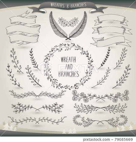 Vector illustration of a collection of floral ribbons and borders. A set of beautiful wreath with flowers and branches for wedding invitations and birthday cards Vector illustration of a collection of floral ribbons and borders. A set of beautiful wreath with flowers and branches for wedding invitations and birthday cards 79085669
