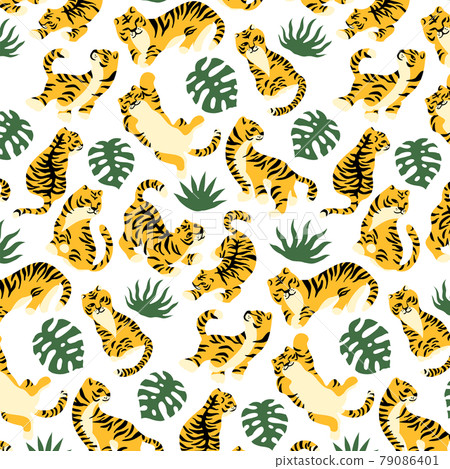 Hand-painted style tiger and plant seamless pattern without lines 79086401