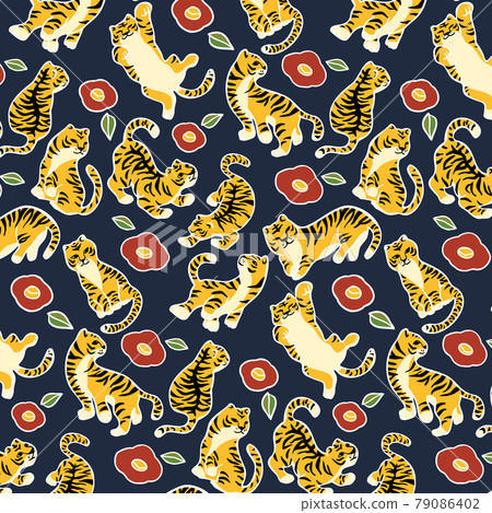 Hand-painted style tiger and camellia seamless pattern white line 79086402