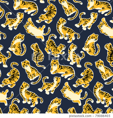 Hand-painted tiger seamless pattern white line Hand-painted tiger seamless pattern white line 79086403