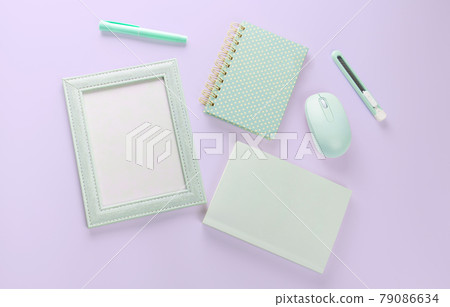 flat lay green color stationery 79086634