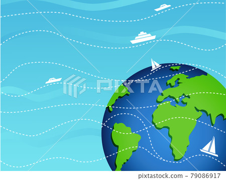 Banner Tourist travel around the globe. international cargo transportation. travel ship around the world. 79086917