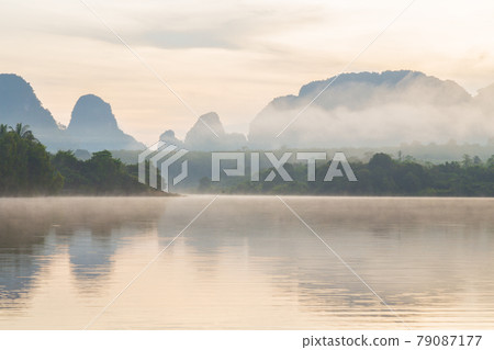 Ban Nong Thale the natural scenery of the sunshine in the morning (mountains, lakes, trees, fog). Ban Nong Thale the natural scenery of the sunshine in the morning (mountains, lakes, trees, fog). 79087177