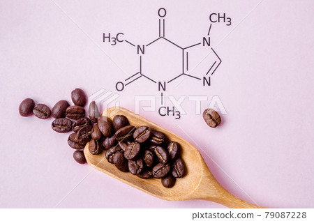 Structural chemical formula of caffeine molecule with roasted coffee beans. Caffeine is a central nervous system stimulant. Structural chemical formula of caffeine molecule with roasted coffee beans. Caffeine is a central nervous system stimulant. 79087228