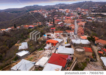 Aerial view of the small tourist town of Sighnaghi Aerial view of the small tourist town of Sighnaghi 79088760