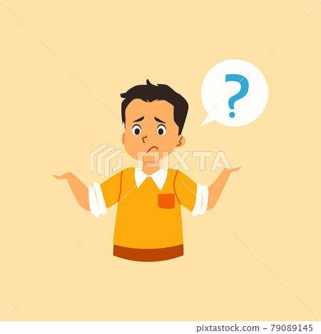 Child has question and throws up hands asking, flat vector illustration isolated. 79089145