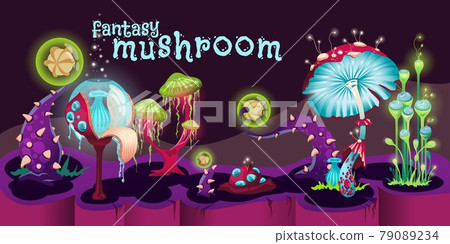 Colorful horizontal vector banner with magic fantasy psychedelic mushrooms. 79089234