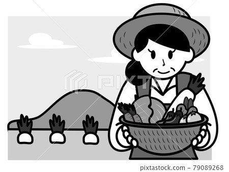 A farmer woman standing behind a field 79089268