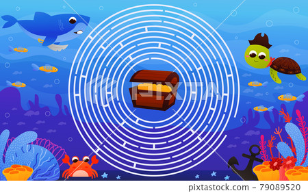 Colourful circle maze for kids with cute turtle and shark character, help to find right way to treasure, underwater Colourful circle maze for kids with cute turtle and shark character, help to find right way to treasure, underwater 79089520