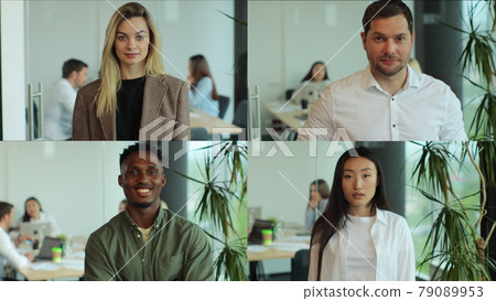 Multiscreen on happy male and female employees at work. Front view of young multiethnic professionals. Close up portrait of diverse multiethnic office workers smiling in cabinet. Multiscreen on happy male and female employees at work. Front view of young multiethnic professionals. Close up portrait of diverse multiethnic office workers smiling in cabinet. 79089953