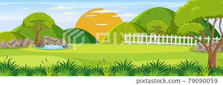 Panorama landscape scene with many trees in the... - Stock Illustration ...