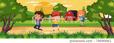 Farm horizontal landscape scene with children... - Stock Illustration ...