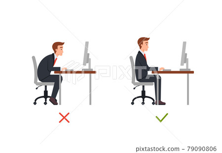 Right and wrong sit position in office chair, flat vector illustration isolated. 79090806