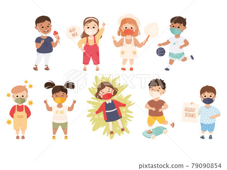 New Normal Lifestyle with Happy Kids Wearing Face Mask Engaged in Different Activities Vector Set 79090854