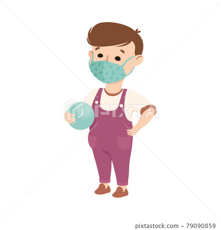Happy Boy Wearing Face Mask Holding Ball as New Normal Lifestyle Vector Illustration 79090859