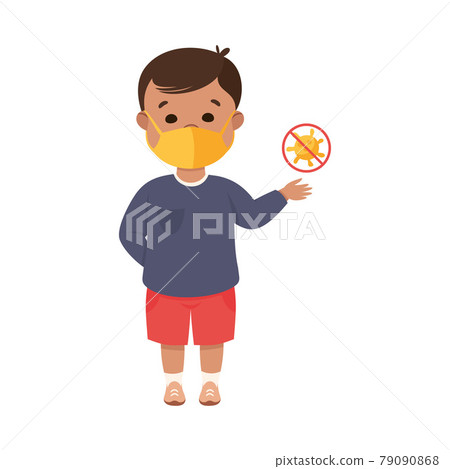 Happy Boy Wearing Face Mask as New Normal Lifestyle Vector Illustration Happy Boy Wearing Face Mask as New Normal Lifestyle Vector Illustration 79090868