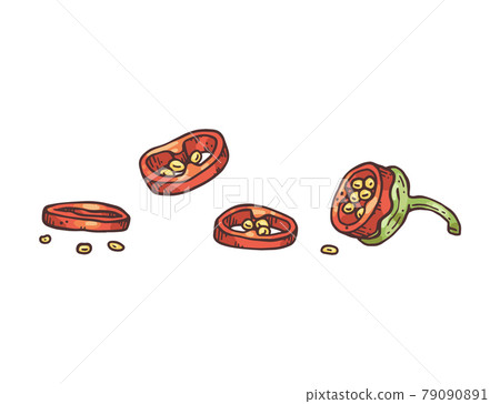 Pod of red chili peppers cut in rings, engraving vector illustration isolated. 79090891