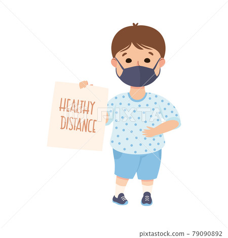 New Normal Lifestyle with Happy Boy Wearing Face Mask Holding Placard with Healthy Distance Appeal Vector Illustration 79090892