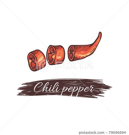Cut red chili pepper and inscription engraving vector illustration isolated. 79090894
