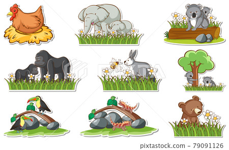 Sticker set with different wild animals and nature elements Sticker set with different wild animals and nature elements 79091126