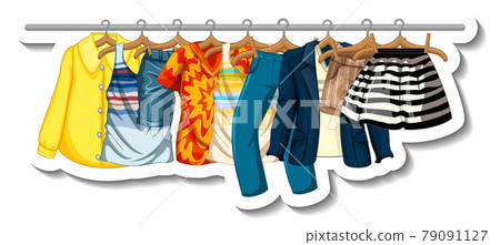 A sticker template of Clothes racks with many clothes on hangers on white background 79091127