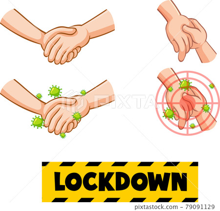 Lockdown font design with virus spreads from shaking hands on white background 79091129