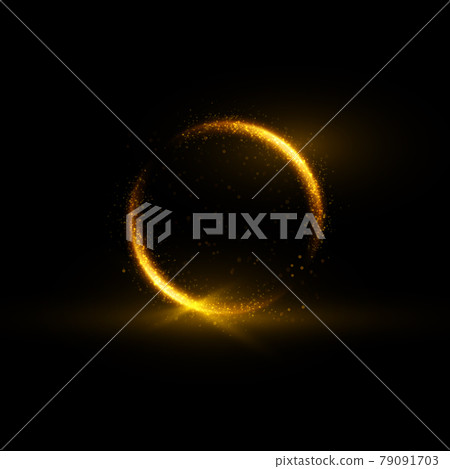 Luxury background with shiny golden round frame on black. Luxury background with shiny golden round frame on black. 79091703