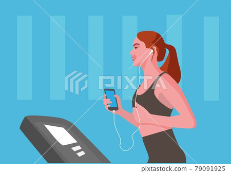 Home sports. Woman running on a treadmill vector illustration. Athlete on a simulator. flat illustration 79091925