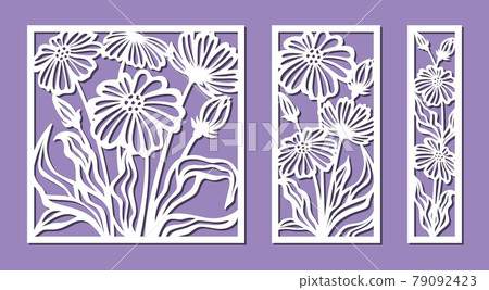 Set of decorative panels with a floral pattern. Square, rectangular frames with chamomile flowers, poppies. Vector template for plotter laser cutting of paper, metal engraving, wood carving, plywood. 79092423