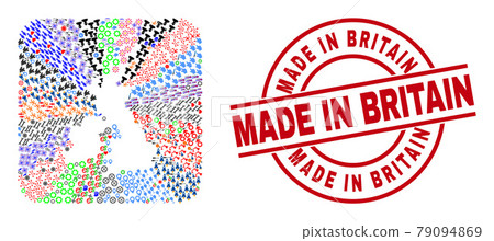 Made in Britain Stamp Seal and Great Britain and Ireland Map Subtracted Mosaic 79094869