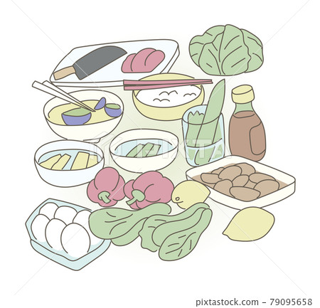 放置在小廚房中的烹飪食材插圖 79095658