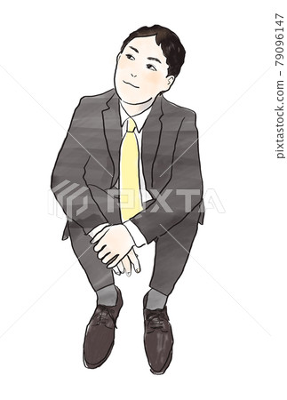 水彩手繪肖像）日本西裝男坐著微笑正面滿意滿意成就 79096147