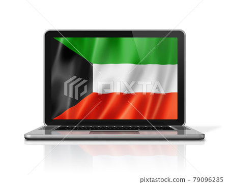 Kuwaiti flag on laptop screen isolated on white. 3D illustration 79096285