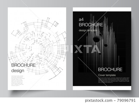 Vector layout of A4 cover design templates for brochure, flyer layout, booklet, cover design, book design. Black color technology background. Digital visualization of science, medicine, tech concept. Vector layout of A4 cover design templates for brochure, flyer layout, booklet, cover design, book design. Black color technology background. Digital visualization of science, medicine, tech concept. 79096791