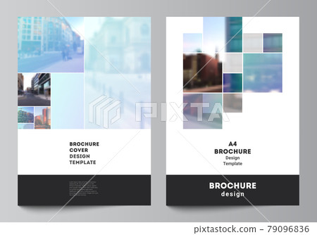 Vector layout of A4 format cover mockups templates for brochure, flyer layout, booklet, cover design, book design, brochure cover. Abstract design project in geometric style with blue squares. Vector layout of A4 format cover mockups templates for brochure, flyer layout, booklet, cover design, book design, brochure cover. Abstract design project in geometric style with blue squares. 79096836