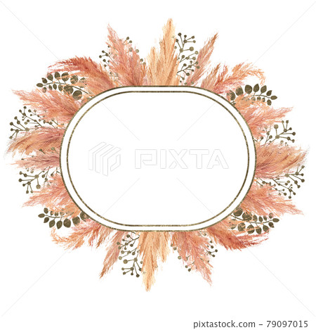 Watercolor boho bouquet with dried pampas grass and silver geometric frame on isolated on white background. Flower illustration for wedding or holiday design of invitations, postcards, printing Watercolor boho bouquet with dried pampas grass and silver geometric frame on isolated on white background. Flower illustration for wedding or holiday design of invitations, postcards, printing 79097015