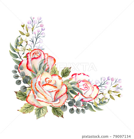 A bouquet of white roses with a pink edge, leaves, berries, decorative twigs. Watercolor illustrations for the design of greeting cards, invitations, etc A bouquet of white roses with a pink edge, leaves, berries, decorative twigs. Watercolor illustrations for the design of greeting cards, invitations, etc 79097134