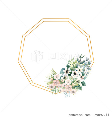 Hexagonal gold frame with small flowers of actinidia, bouvardia, tropical and palm leaves. Wedding bouquet in a frame for the design of a stylish invitation. Watercolour illustration Hexagonal gold frame with small flowers of actinidia, bouvardia, tropical and palm leaves. Wedding bouquet in a frame for the design of a stylish invitation. Watercolour illustration 79097211