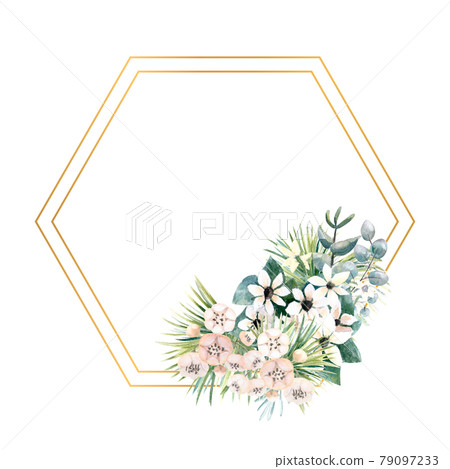 Frame with small flowers of actinidia, bouvardia, tropical and palm leaves. Wedding bouquet in a frame for the design of a stylish invitation. Watercolour illustration Frame with small flowers of actinidia, bouvardia, tropical and palm leaves. Wedding bouquet in a frame for the design of a stylish invitation. Watercolour illustration 79097233