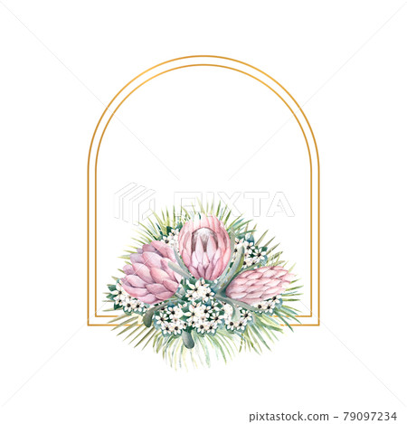 Arch-shaped gold frame with protea flowers, tropical leaves, palm leaves, bouvardia flowers. Wedding bouquet in a frame for the design of a stylish invitation. Watercolour illustration 79097234