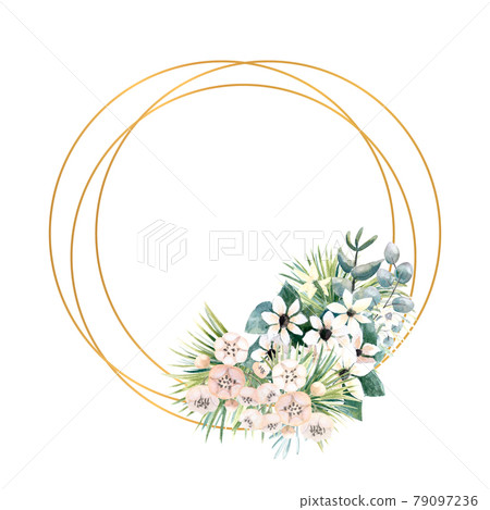Round gold frame with small flowers of actinidia, bouvardia, tropical and palm leaves. Wedding bouquet in a frame for the design of a stylish invitation. Watercolour illustration 79097236