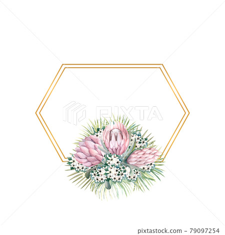 Hexagonal gold frame with protea flowers, tropical leaves, palm leaves, bouvardia flowers. Wedding bouquet in a frame for the design of a stylish invitation. Watercolour illustration 79097254