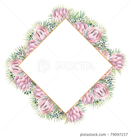 Diamond-shaped gold frame with protea flowers, tropical leaves, palm leaves, bouvardia flowers. Wedding bouquet in a frame for the design of a stylish invitation. Watercolour illustration Diamond-shaped gold frame with protea flowers, tropical leaves, palm leaves, bouvardia flowers. Wedding bouquet in a frame for the design of a stylish invitation. Watercolour illustration 79097257