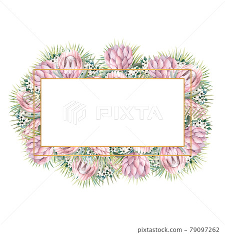 Rectangular gold frame with protea flowers, tropical leaves, palm leaves, bouvardia flowers. Wedding bouquet in a frame for the design of a stylish invitation. Watercolour illustration 79097262