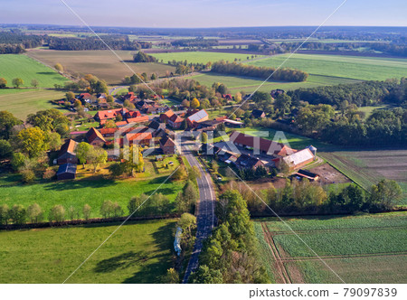 Aerial view of a tiny piddy village in the heath in the north of Germany 79097839