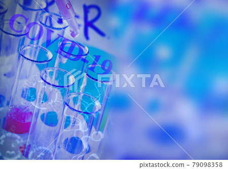 The test tubes and flasks with colored liquid in a laboratory 79098358