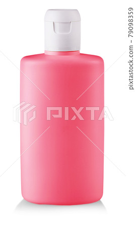 Plastic bottle with soap or shampoo without label reflected on white background 79098359
