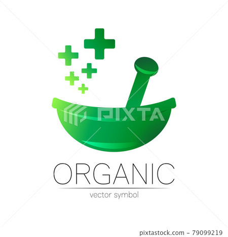 Green herbal bowl vector logotype and few cross. Concept symbol for medical, clinic, pharmacy business or shop. Nature design with leaf element. Creative ECO label or logo. pharmaceutical therapy. 79099219